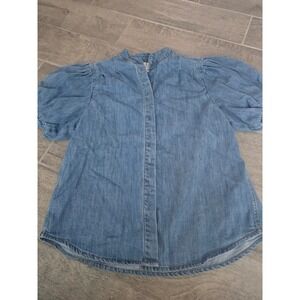 Industry Blue Denim Puff Short Sleeve Hidden Button Blouse Medium Wash Small